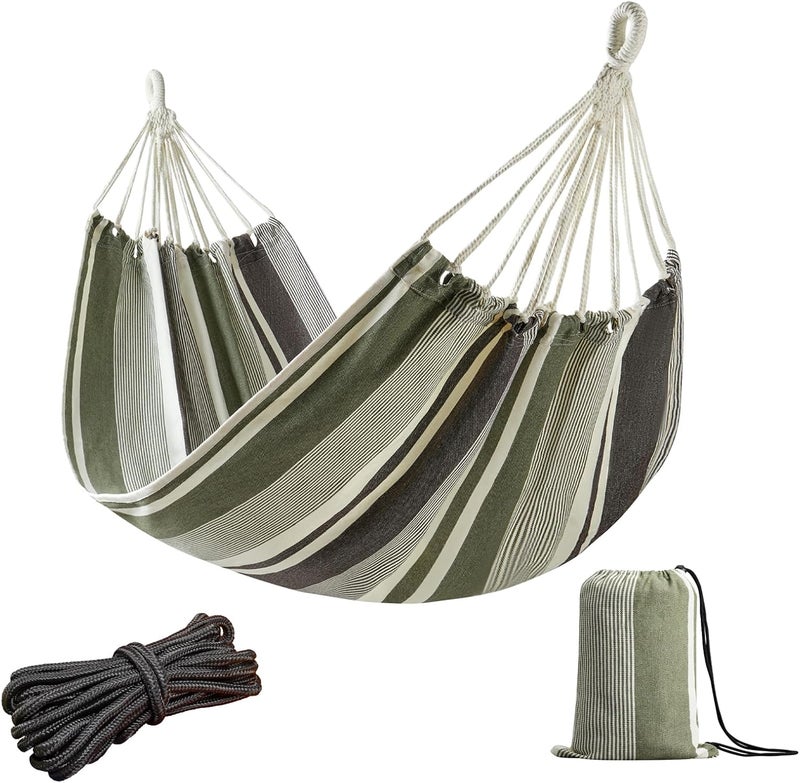 JoyView Brazilian Hammock for Single Person Portable Hammock with Hanging Ropes & Carry Bag Large 78.8x39.4” for Patio 300LBS Capacity Perfect for Outdoor/Indoor - Green Grey Stripes - Image 1
